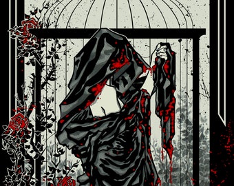 Robed Woman ~ Red Roses ~Thorn Bushes~ Bird Cage ~ Inked Watercolor ~ Gothic Illustration ~ DARK FANTASY ~ Fine Art Print ~ wall decor