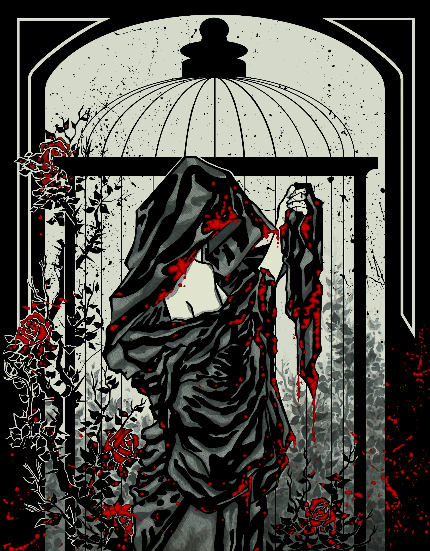 Robed Woman ~ Red Roses ~thorn Bushes~ Bird Cage ~ Inked