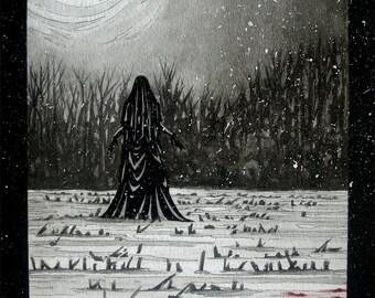 Victorian Woman ~ Winter Field ~ Wolf Prints ~ Death Shroud ~ Inked Watercolor ~ Gothic Illustration ~ DARK FANTASY ~ Fine Art Print