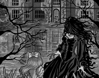 Turn of the Screw ~ Miss Jessel ~ Flora ~ Ghost and Child by Pond ~ Inked Watercolor ~ Gothic Illustration ~DARK FANTASY ~ Fine Art Print