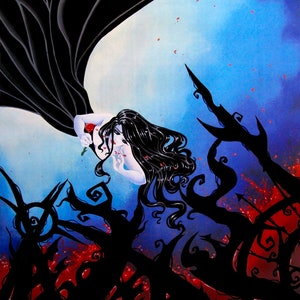Floating Woman ~ Blood and Roses ~ Acrylic Painting ~ DARK FANTASY ~ Gothic Illustration ~ Fine Art Print ~ wall decor