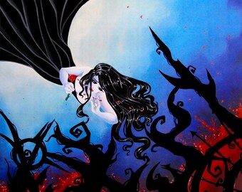 Floating Woman ~ Blood and Roses ~ Acrylic Painting ~ DARK FANTASY ~ Gothic Illustration ~ Fine Art Print ~ wall decor