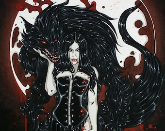 Female Vampire ~ Werewolf ~ Bloody Moon ~ Acrylic Painting ~ Gothic Illustration ~ DARK FANTASY ~ Fine Art Print ~ wall decor