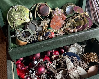 Grab bag collection of junk jewelry, crafting odds and ends, pieces and parts, repurpose, reuse, Rhinestones, Beads, chain, resin, plastic.