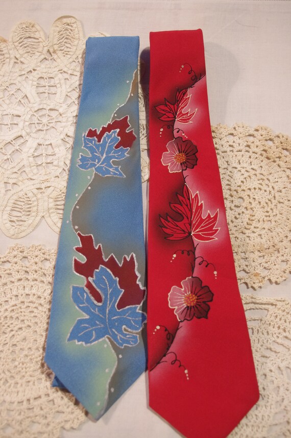 Vintage 1940's Hand Painted Tie Pair With Leaf Mo… - image 3