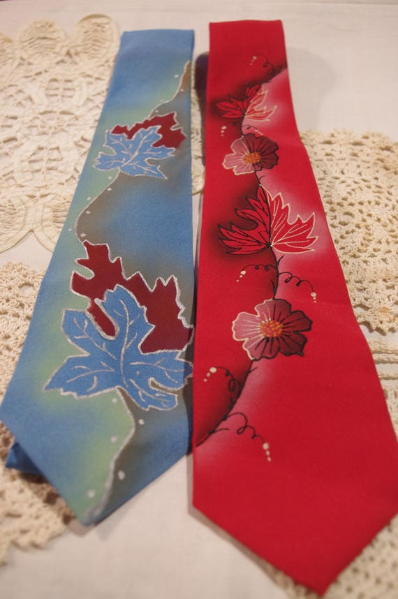 Vintage 1940's Hand Painted Tie Pair With Leaf Mo… - image 2