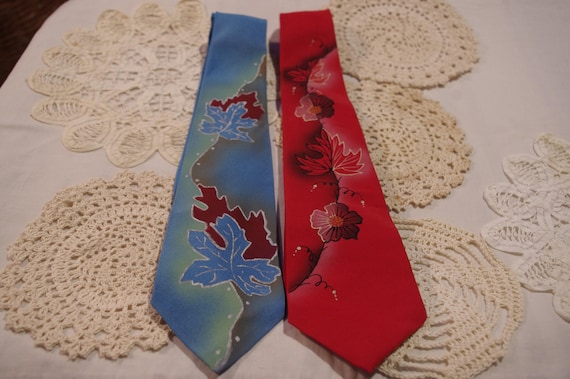 Vintage 1940's Hand Painted Tie Pair With Leaf Mot