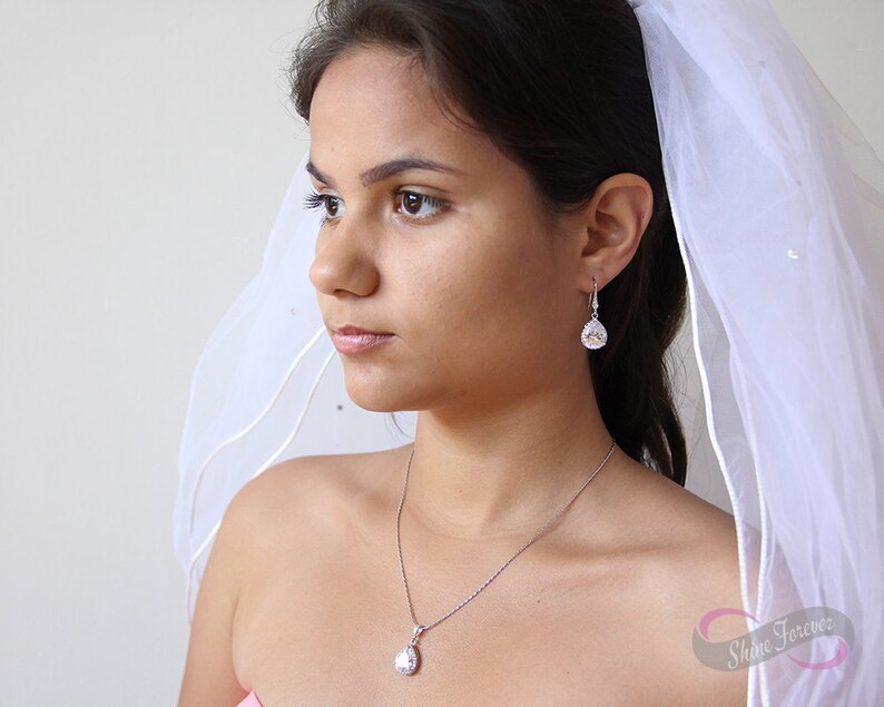 Bridesmaid Jewelry Set Bridal Teardrop Cubic Zirconia Earrings Teardrop Necklace Set Bridal Jewelry Necklace Bridal Set Bridesmaid Gift