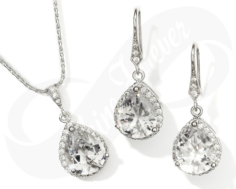 Bridesmaid Jewelry Set Bridal Teardrop Cubic Zirconia Earrings Teardrop Necklace Set Bridal Jewelry Necklace Bridal Set Bridesmaid Gift