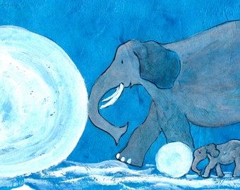 Little and Large, Christmas card of fun in the snow, elephants making snowballs, fun with your children,