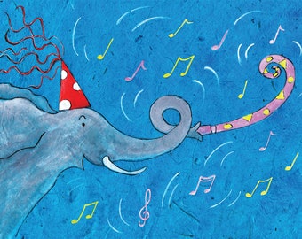 Trumpeting Elephant/ Happy Birthday / Celebration / Annabel's elephant card / Music / Cards for children / Fun card / Jolly /Party Time