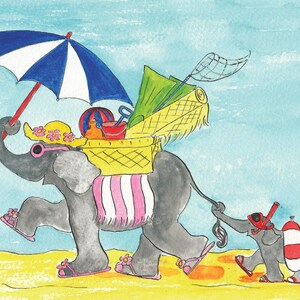 Éléphants de bord de mer / Éléphants d'Annabel / carte éléphant / bord de mer / seau et pelle / anniversaire / merci / illustration pour enfants / soleil