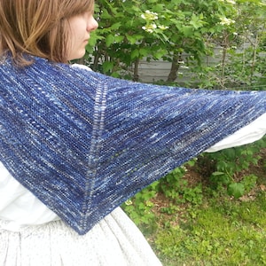 May include: A blue and white knitted shawl with a lacy pattern. The shawl is draped over a person's shoulders and is being held in their hands.