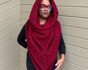 Châle à capuche fait main au crochet | Écharpe triangulaire rouge, châle d'hiver douillet