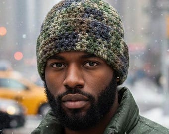 Bonnet au crochet camouflage pour homme - Bonnet d'hiver robuste pour homme - Bonnet en grosse maille fait main - Bonnet chaud camouflage - Équipement d'aventure en plein air - Cadeau