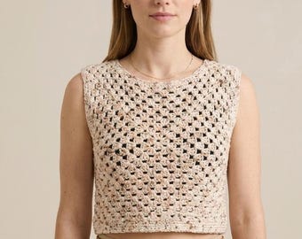 Haut court carré grand-mère au crochet fait main | Débardeur bohème moucheté neutre XS