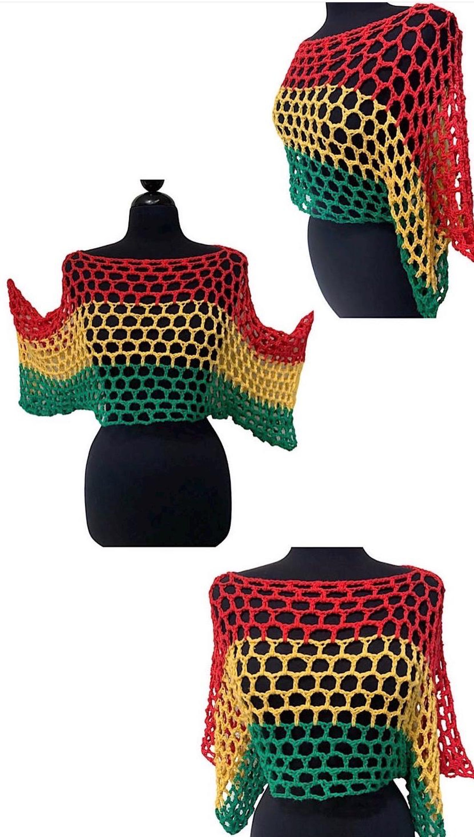 Fishnet Rasta Handmade Crochet Mesh Crop Top|rasta Color Block Festival Poncho|boho ...