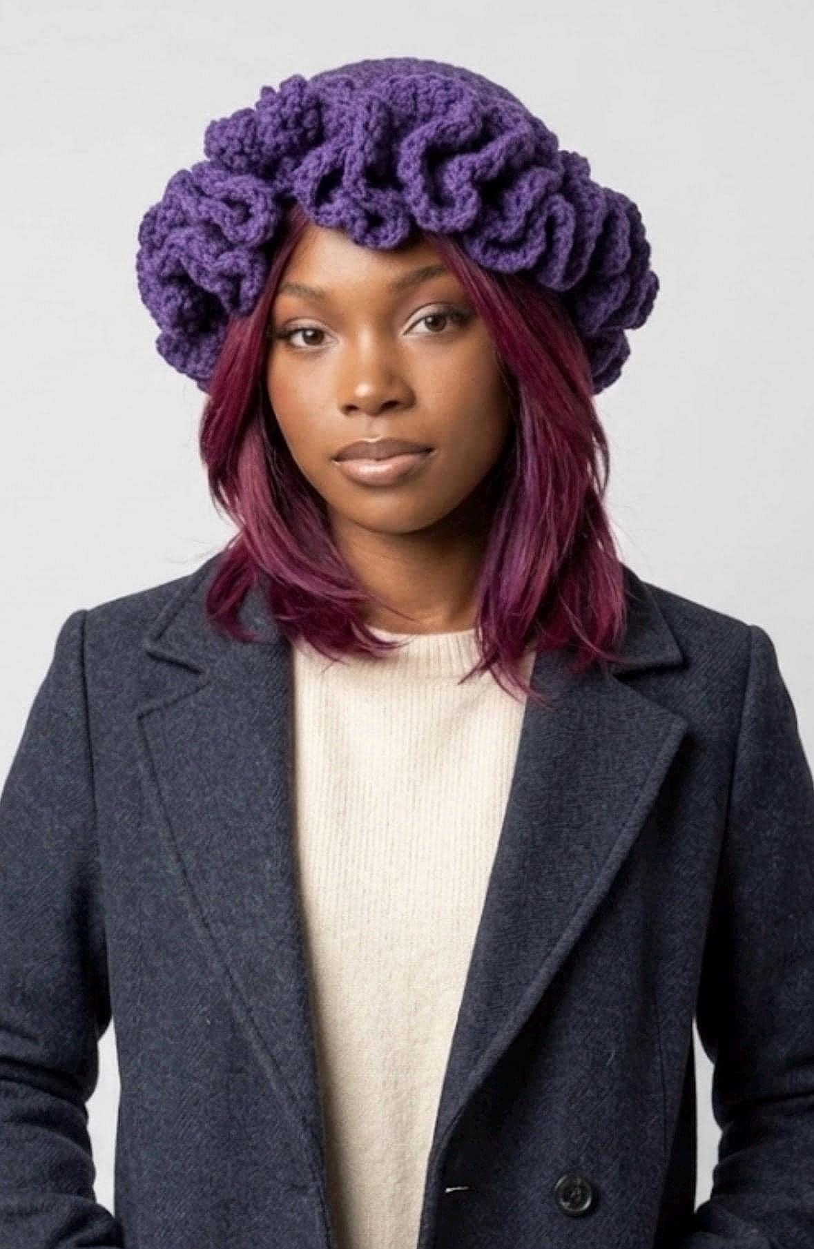 Crochet Ruffle Beret Hat – Handmade Purple Festival Hat  display picture 3