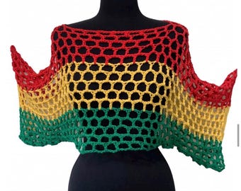 Haut court en maille au crochet fait main | Poncho festival color block rasta | Boléro en résille bohème
