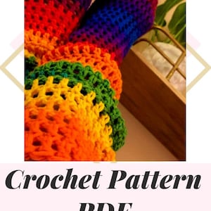 May include: Rainbow crochet leg warmers with a crocheted pattern. The leg warmers are made with a variety of colours, including red, orange, yellow, green, blue, indigo, and violet. Crochet Pattern PDF.