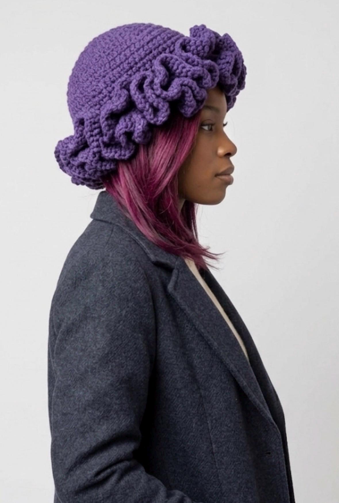 Crochet Ruffle Beret Hat – Handmade Purple Festival Hat  display picture 2