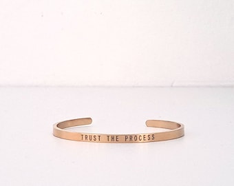 Trust the Process Bracelet with Bag – Gold or Silver – Nudge Accessory - Steel Bangle - Motivational Cuff Bracelet - selfcare gift