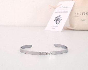 Let it Go - Bracelet in Cotton Bag - Gold/Silver  – Nudging Accessory - Stainless Steel Bangle - Motivational Cuff Bracelet - selfcare gift