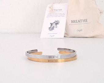 Breathe – Nudge Bracelet -  Gold or Silver – Accessory in Cotton Bag - Stainless Steel Bangle - Motivational Cuff Bracelet - selfcare gift