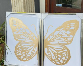 Gold Butterﬂy Wall Art Set of 2, Hand Painted Gilded Diptych Canvas, Preppy Butterﬂy Bedroom Decor, Large White Framed Split Panel Painting