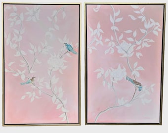 Chinoiserie Garden Blush Pink Birds Panel, Grandmillennial Botanical Canvas, De Gournay Style Decor, Framed Asian Floral Print, Bedroom Art