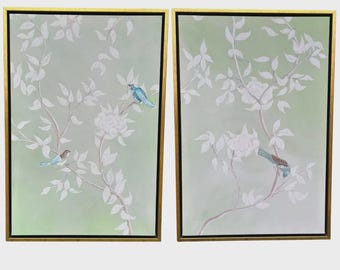 Chinoiserie Garden Sage Green Bird Panel, Celadon Botanical Framed Canvas, Grandmillennial Nature Decor, Classic Asian Branch Artwork Set