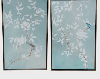 Blue Teal Chinoiserie Bird Panel, Duck Egg Botanical Framed Canvas, Preppy Blue White Decor, Serene Asian Branch Print, Above Couch Duo