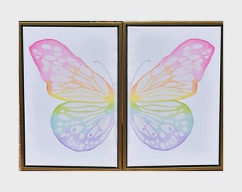 Rainbow Butterﬂy Canvas Art, Pastel Diptych Wall Art, Uplifting Colorful Print, Girly Decor, Dorm Room Wall Art, Above Headboard, Hope Gift