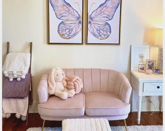 Blush Pink Butterﬂy Canvas Art, Set of 2 Large Wall Art, Preppy Framed Canvas Print, Lavender Pastel Butterﬂy Painting, Girly Room Decor
