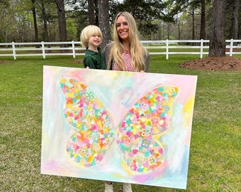 Good Things Are Coming Floral Butterﬂy Painting, Preppy Dorm Room Decor, Dopamine Decor, Colorful Girly Maximalist Print, Gold Leaf Canvas
