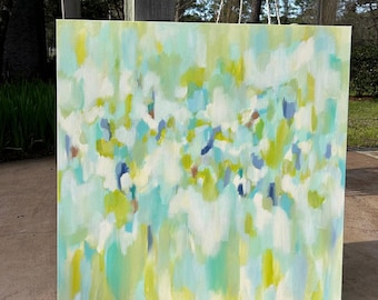 Aqua Green Abstract Canvas Art, Soft Impressionist Floral Painting Gift, Sage Blue Mist Wall, Refreshing Decor, Over-the-Couch Wall Art