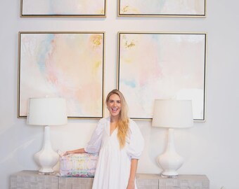 Set of 4 Blush Teal Abstract Canvas Large Gold Leaf Framed Panel Art Statement Living Room Painting Neutral Gallery Wall Set Oversized Decor