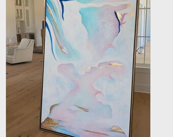 Pastel Abstract Canvas Wall Art, Blush Pink Blue Soft Brushstroke Painting, Dreamy Bedroom Decor, Large Framed Canvas Hanging, Statement Art