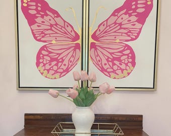 Hot Pink Butterﬂy Canvas Art, Preppy Framed Wall Art, Bold Maximalist Home Decor, Bright Dorm Room Wall Art, Fun Bedroom Statement Art
