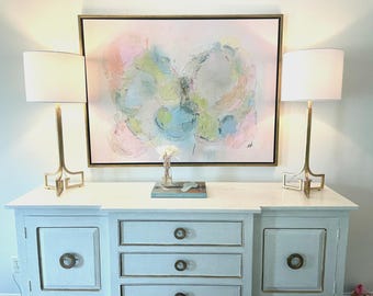 Danish Pastel Abstract Canvas Wall Art, Colorful Girly Framed Print, Preppy Aesthetic Bedroom Decor, Pink Green Blue Brushstroke Painting