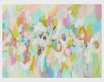 Spring Fever Teal Pink Expressionist Painting, Grandmillennial Art, Dopamine Decor, Eclectic Home Wall Art, Colorful Room, Large Framed