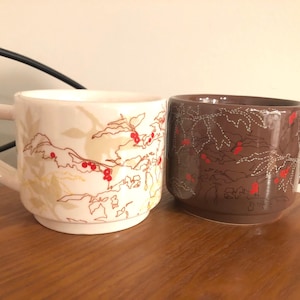 STARBUCKS Brown & White Red Berries Holiday 10 Ounce Stackable Cups - Set of 2