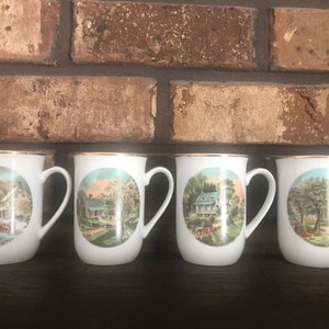 Currier & Ives 4 Seasons China Cups Mugs Gold Rim - Set of 4