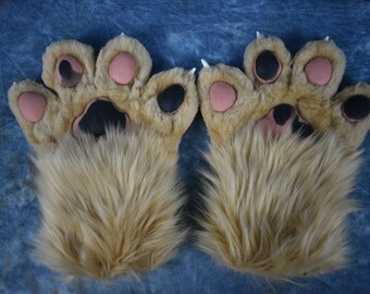 Tan 4-Finger Hand Paws with Pink & Black Silicone Paw Pads and White Claws
