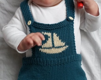 New baby gift,Baby romper, knitted baby clothes,  photo prop in teal Green Merino wool with cream sailboat motif - made to order,6-12 months