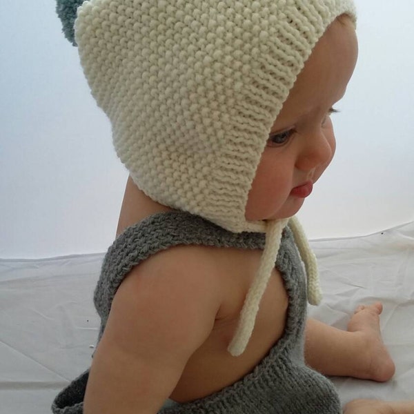 Baby bonnet, baby hat, baby cap, Knitted baby bonnet, with pompom, baby hat, 6-12 months, cream merino wool with pale sage green pompom
