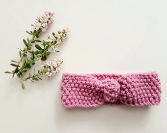 Hand Made Woman's Turban Headband UK Women's Valentine's Headwrap. Blush Pink Knitted Ear Warmer with Heart Detail
