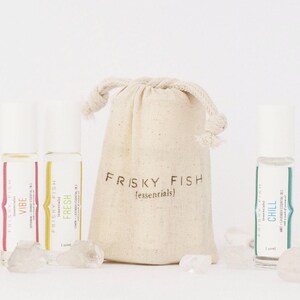 Set of three Frisky Fish best selling essential oil rollers for aromatherapy to go