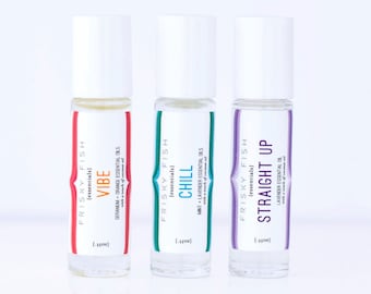 Ensemble de trois mélanges Roll-on d'huiles essentielles pour l'aromathérapie, sur la route