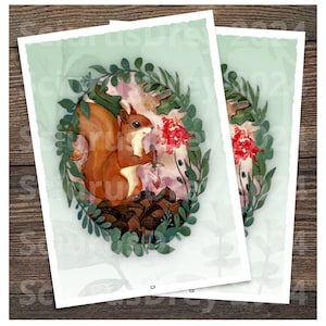 May include: A watercolor illustration of a red squirrel sitting on a bed of acorns, surrounded by green leaves and pink flowers. The squirrel is holding a small red flower in its paws.